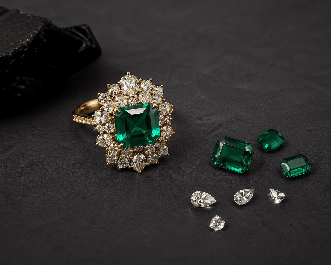 Large emerald cocktail ring in yellow gold surrounded by loose emerald and diamond stones on dark slate