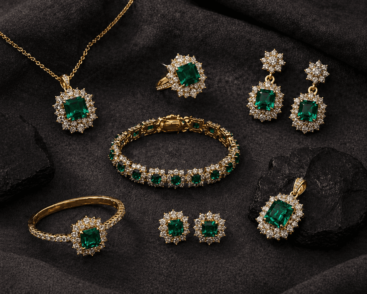 Complete emerald and gold collection — necklace, bracelet, rings, earrings and pendant arranged on dark velvet