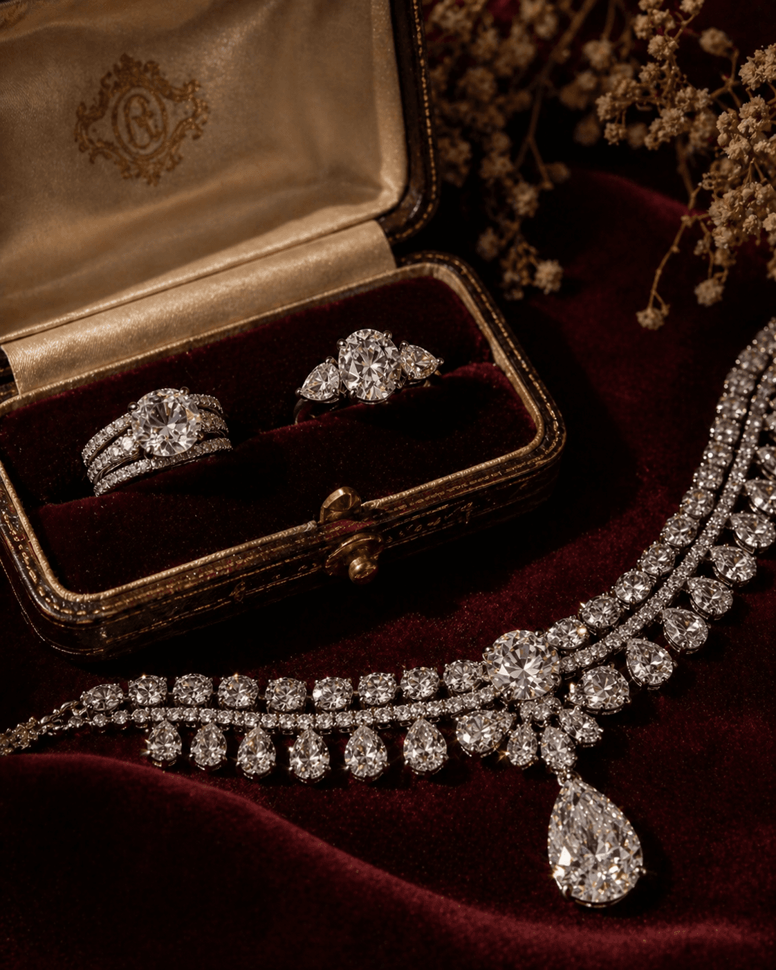 Gold solitaire necklace and stacked rings on burgundy velvet beside a vintage jewelry box
