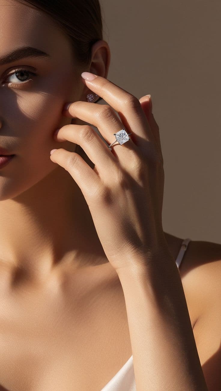 Cushion-cut halo engagement ring on dark velvet, three-quarter view